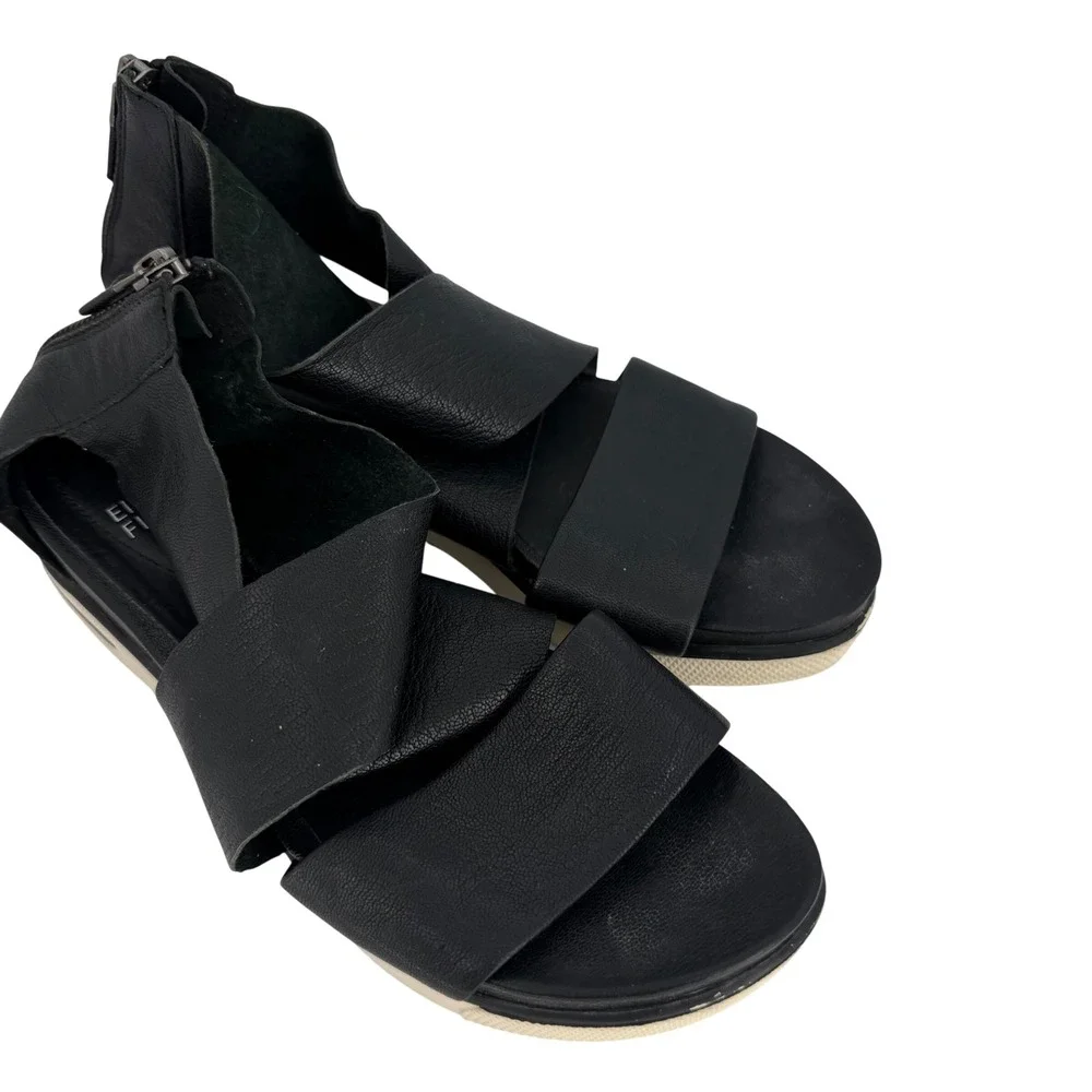 Eileen Fisher Black Leather Platform Sandals Crisscross Minimalist Luxe‎ Women 6